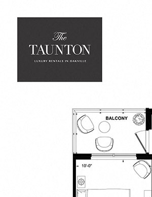 Two bedroom plus den, two bathroom apartment layout at The Taunton in Oakville, ON