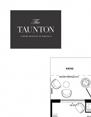Two bedroom plus den, two bathroom apartment layout at The Taunton in Oakville, ON