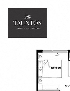 Two bedroom plus den, two bathroom apartment layout at The Taunton in Oakville, ON