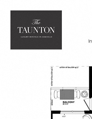Two bedroom plus den, two bathroom apartment layout at The Taunton in Oakville, ON