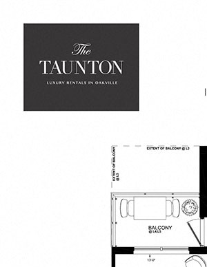 Two bedroom plus den, two bathroom apartment layout at The Taunton in Oakville, ON