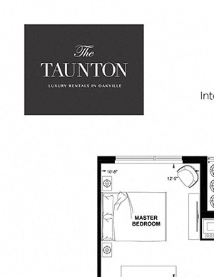 Two bedroom plus den, two bathroom apartment layout at The Taunton in Oakville, ON