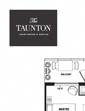 Two bedroom plus den, two bathroom apartment layout at The Taunton in Oakville, ON