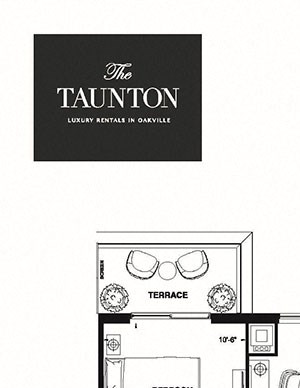 Two bedroom plus den, two bathroom apartment layout at The Taunton in Oakville, ON