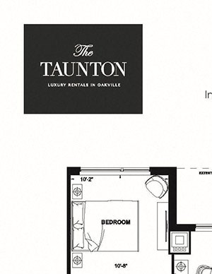 Two bedroom plus den, two bathroom apartment layout at The Taunton in Oakville, ON