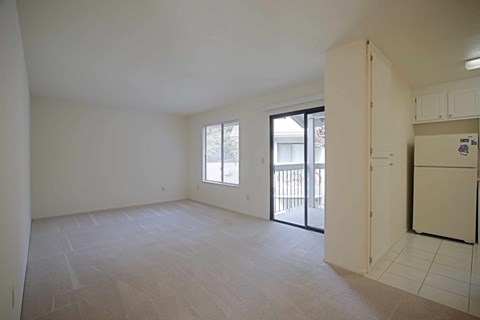 A spacious empty room with a sliding glass door.