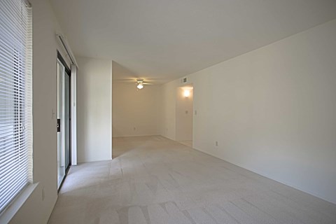 A long, empty hallway with a carpeted floor and white walls.