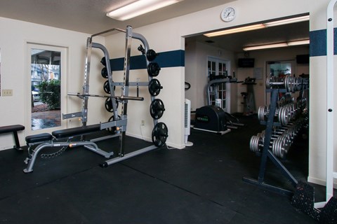 A gym with a weight bench, weights, and a clock on the wall.