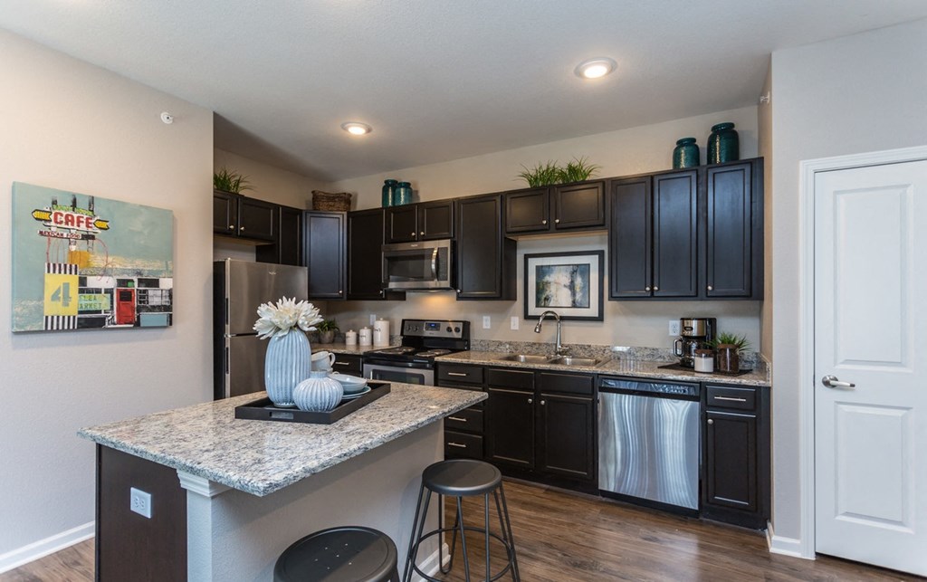 a kitchen with black cabinets and a counter top