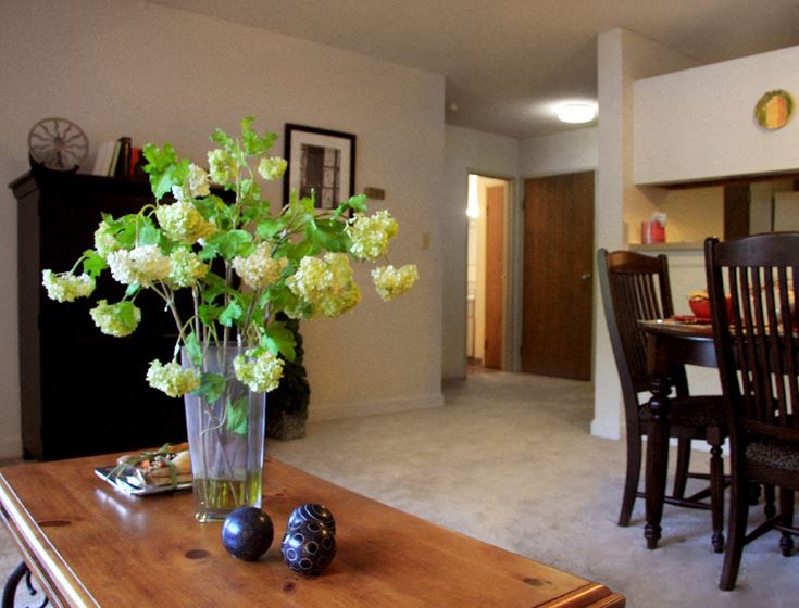 a vase of flowers on a table in a living room