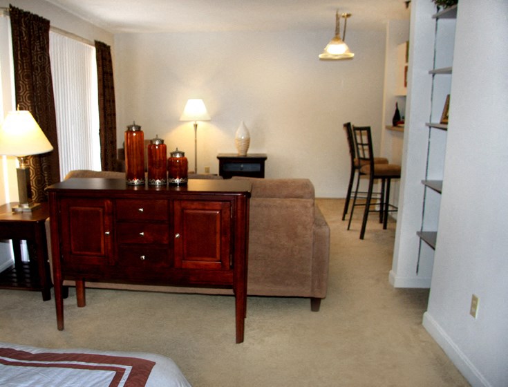 a living room with a couch and a dresser