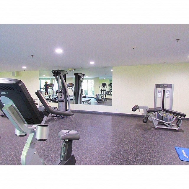 a gym with weights and other equipment in a large room