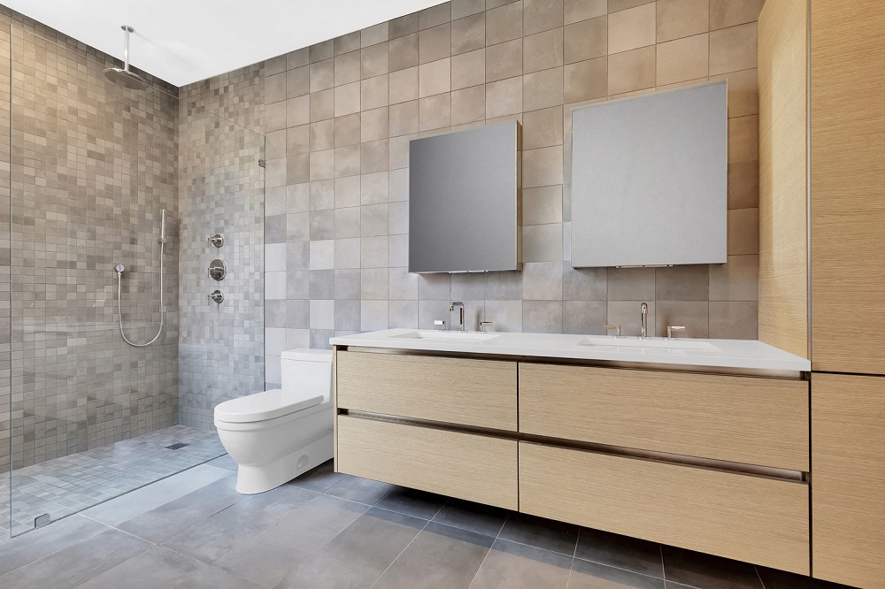 A modern bathroom with a walk-in shower and a white toilet.