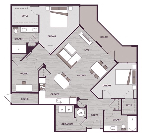 2 Bed Floor Plan at The Aster Apartments, Cary