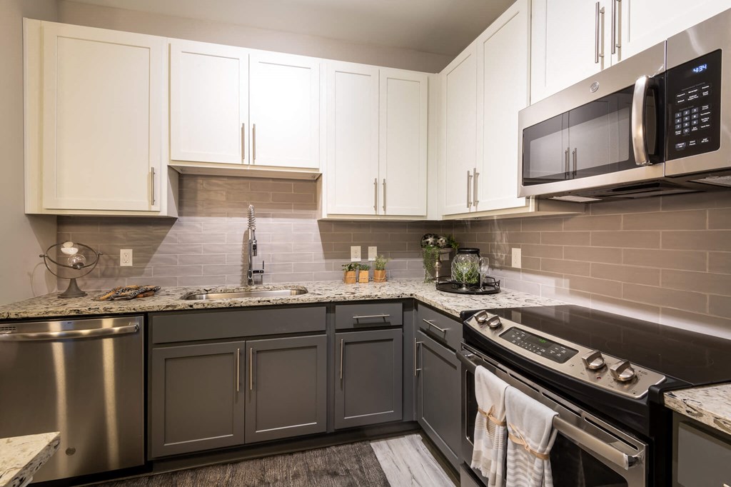 A Kitchen With a Stove at The Aster Apartments, Cary, North Carolina