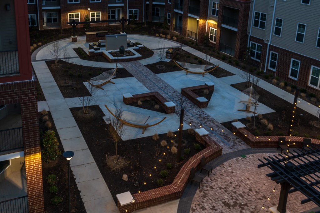 an aerial view of the courtyard at night