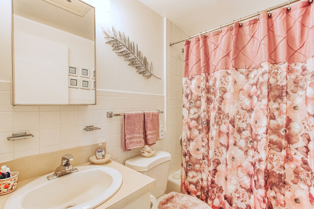 bathroom with above sink lighting, mirror, flowered shower curtain