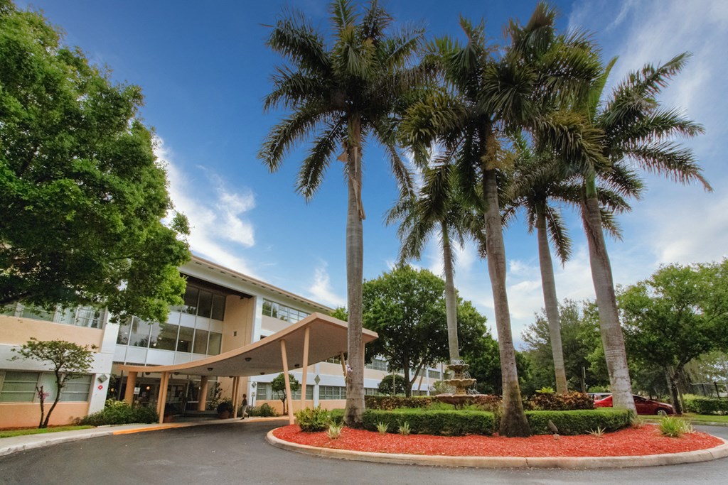 Round about and covered drive with lush palm trees at Villa Madonna