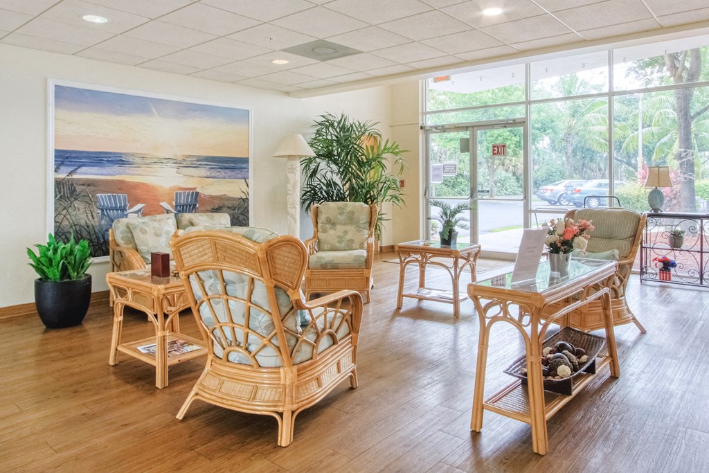 lobby with comfortable seating and large windows