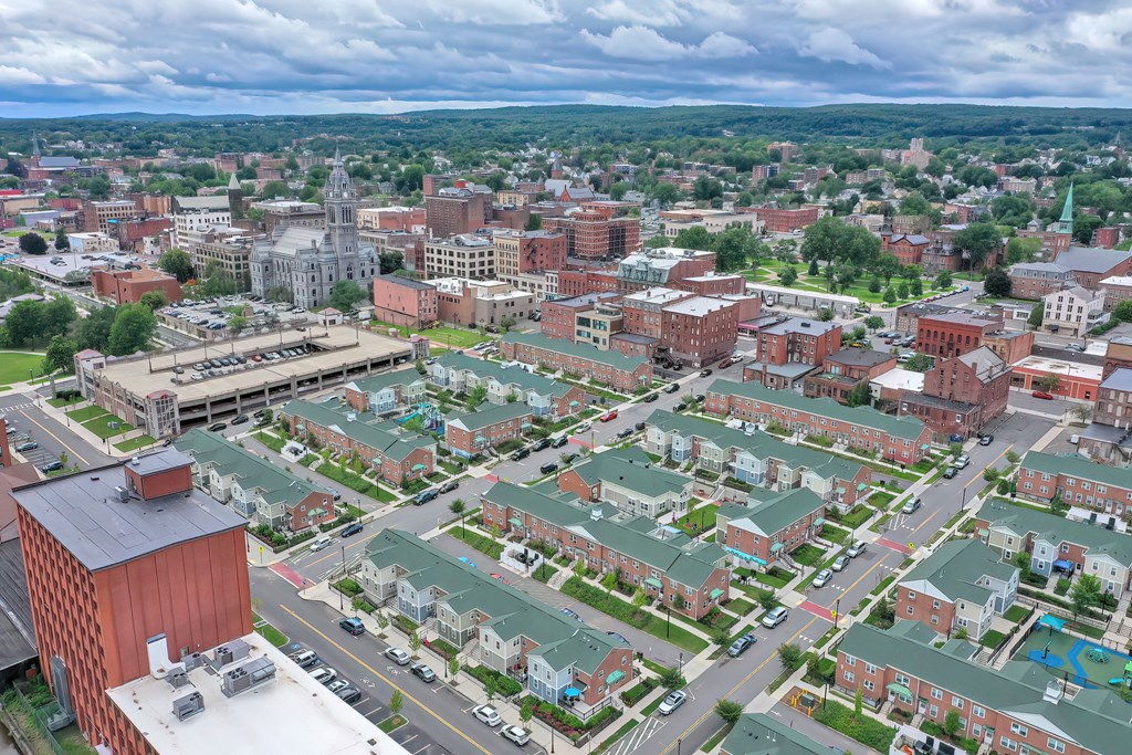 an aerial view of the city