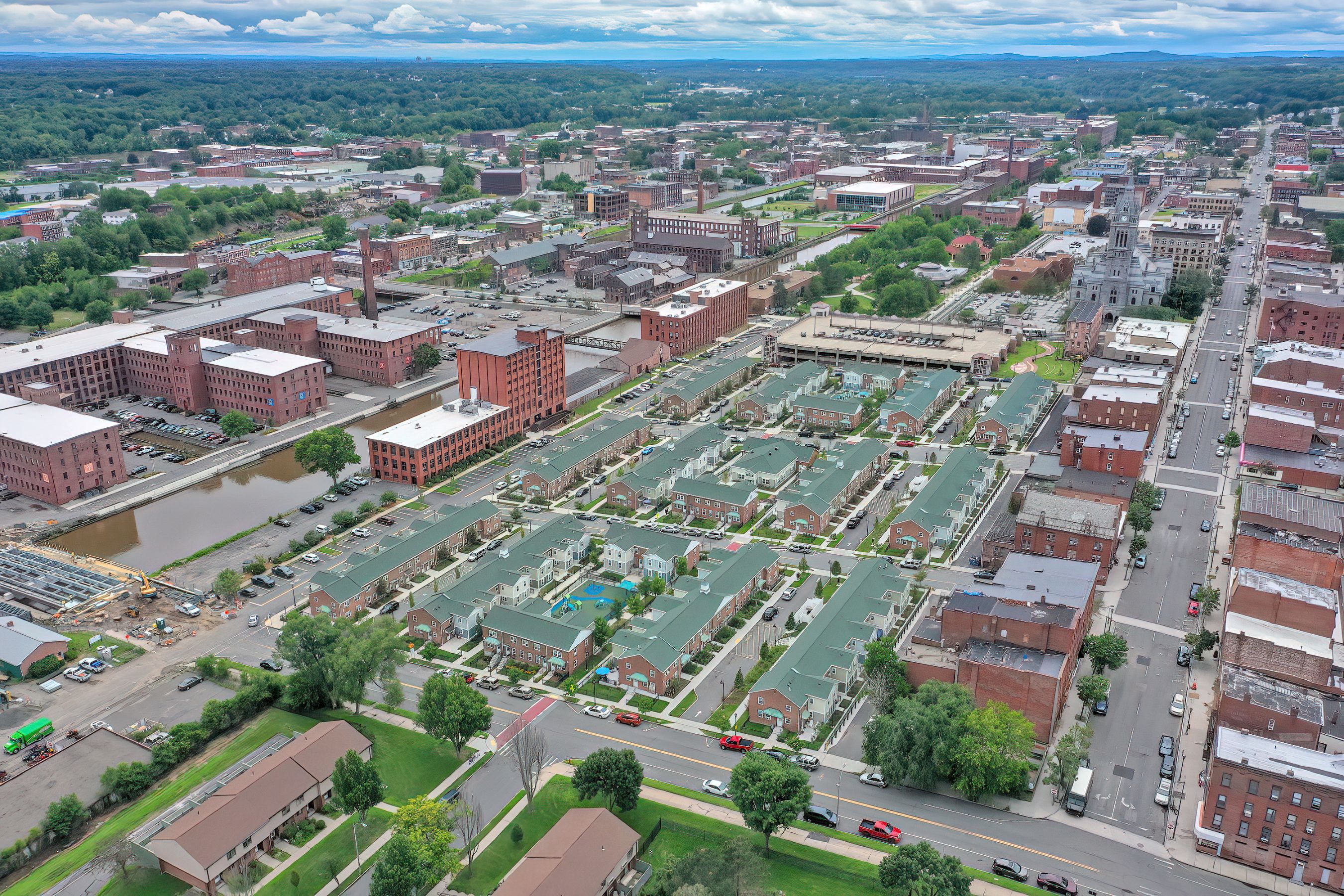 an aerial view of the city