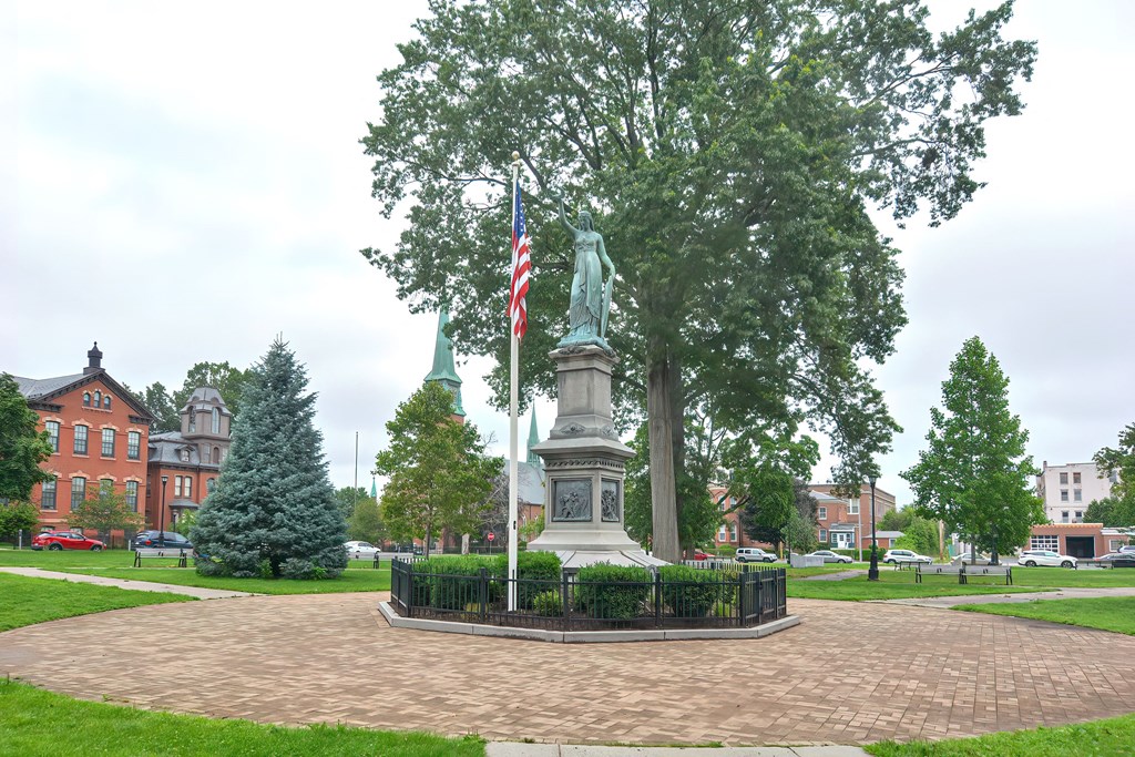 a statue in the center of a park with two flags