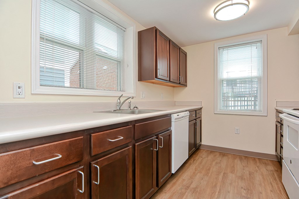 a kitchen with wooden cabinets and a sink and a window
