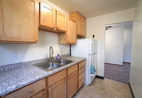 a kitchen with wooden cabinets and a sink and a refrigerator
