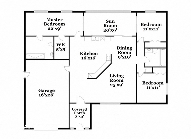 a floor plan of a house with a small kitchen and a living room