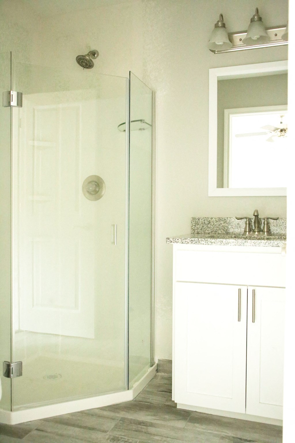 a bathroom with a shower and a sink and a mirror
