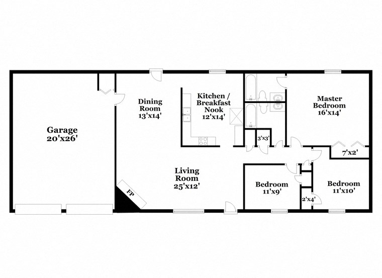 a floor plan of a house with bedrooms and a living room and a garage
