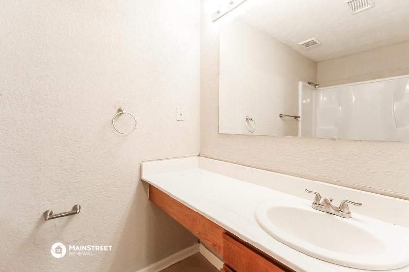 a bathroom with a sink and a mirror and a shower