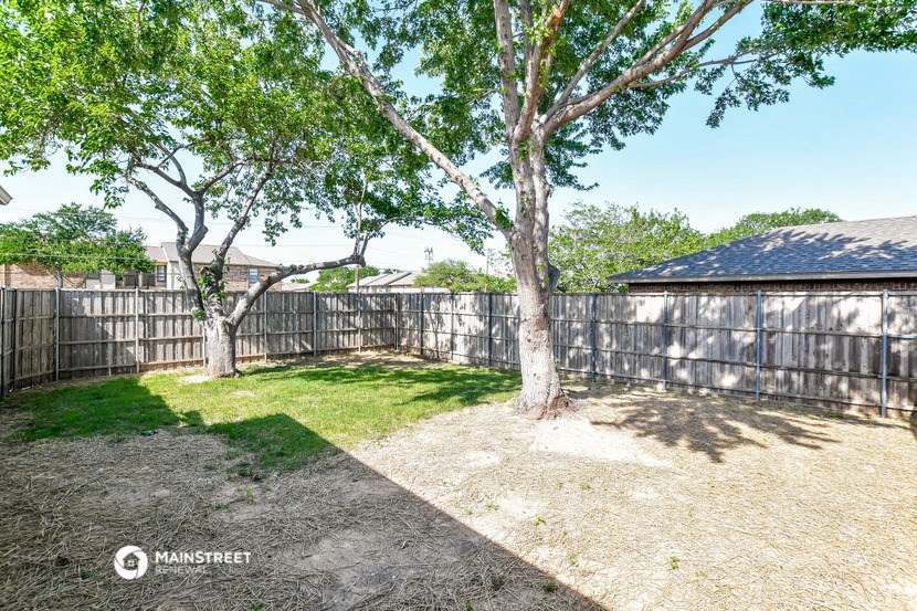a backyard with trees and a wooden fence