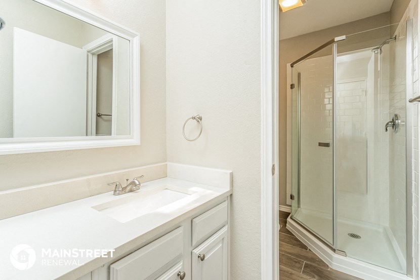 a bathroom with a sink and a shower and a mirror