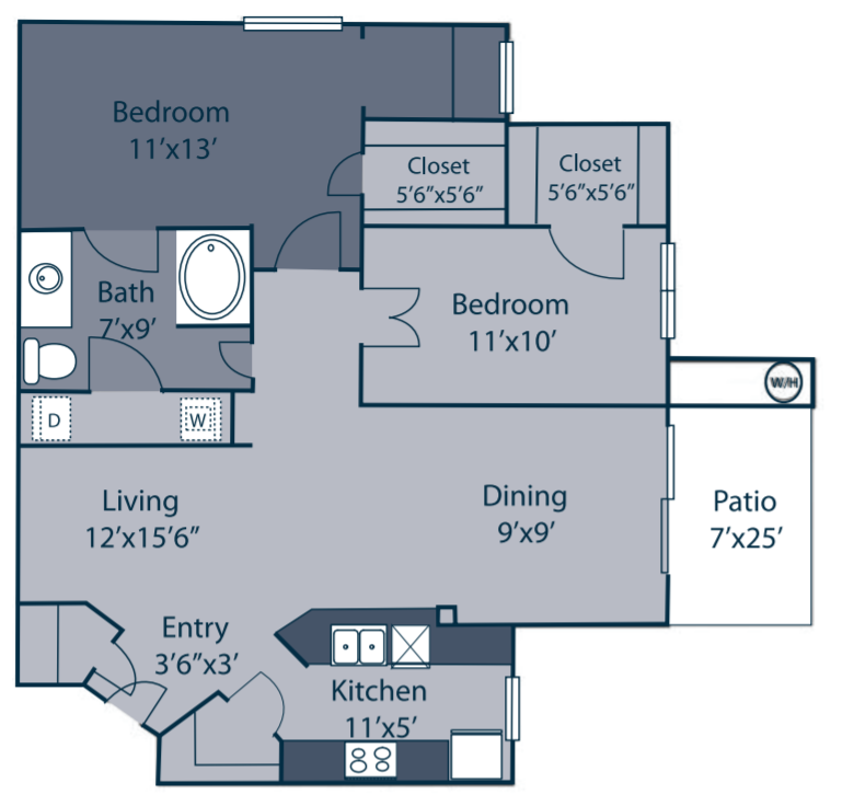 B3 Two Bedrooms Two Bathrooms 958 sqft