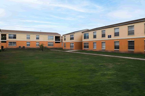 A grassy area in front of apartment buildings.
