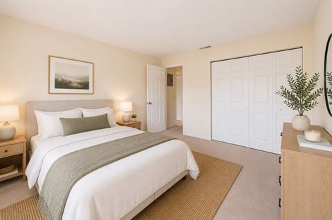 A bedroom with a large bed and a painting on the wall.