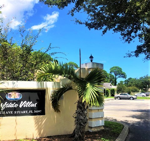 a palm tree in front of a building with a sign