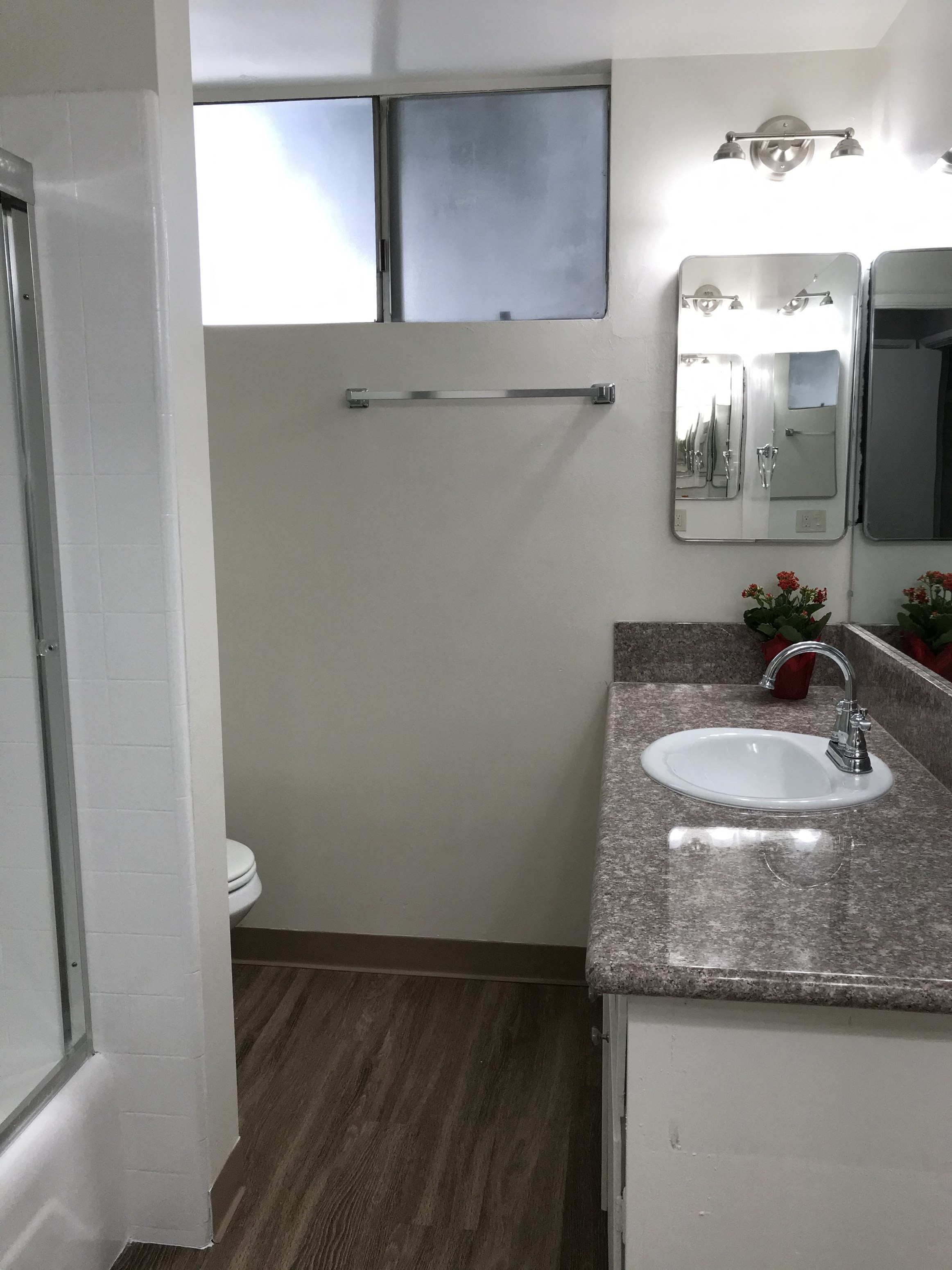 A bathroom with a sink, mirror, and toilet.