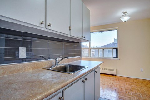 a kitchen with a sink and a window