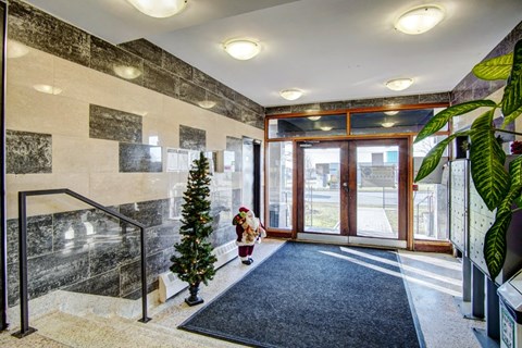a christmas tree in the lobby of a building with glass doors
