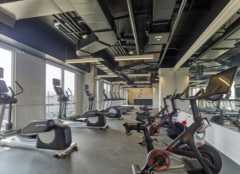 A gym with a row of stationary bikes.