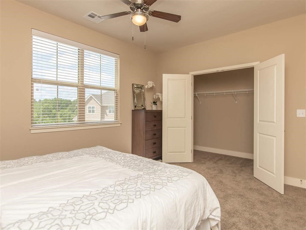 a bedroom with a bed and a closet and a ceiling fan