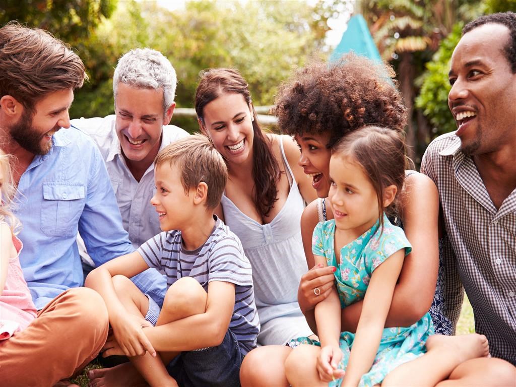 a group of people sitting on the grass