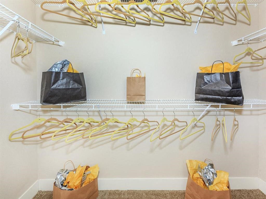 a display of bags and hangers in a closet
