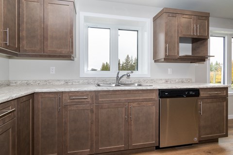 an image of a kitchen with wooden cabinets and a sink