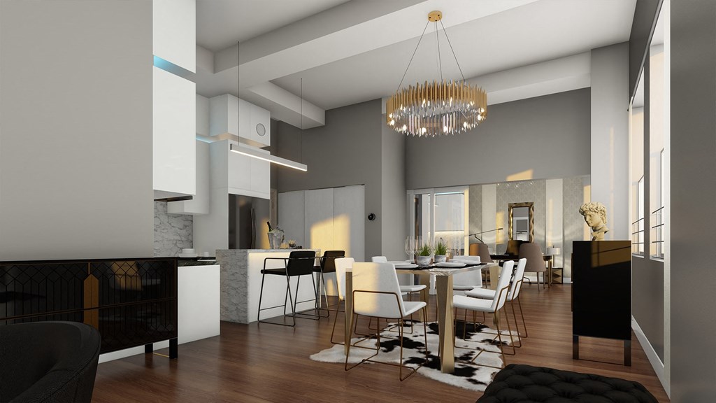 a rendering of a living room with a dining room and a kitchen