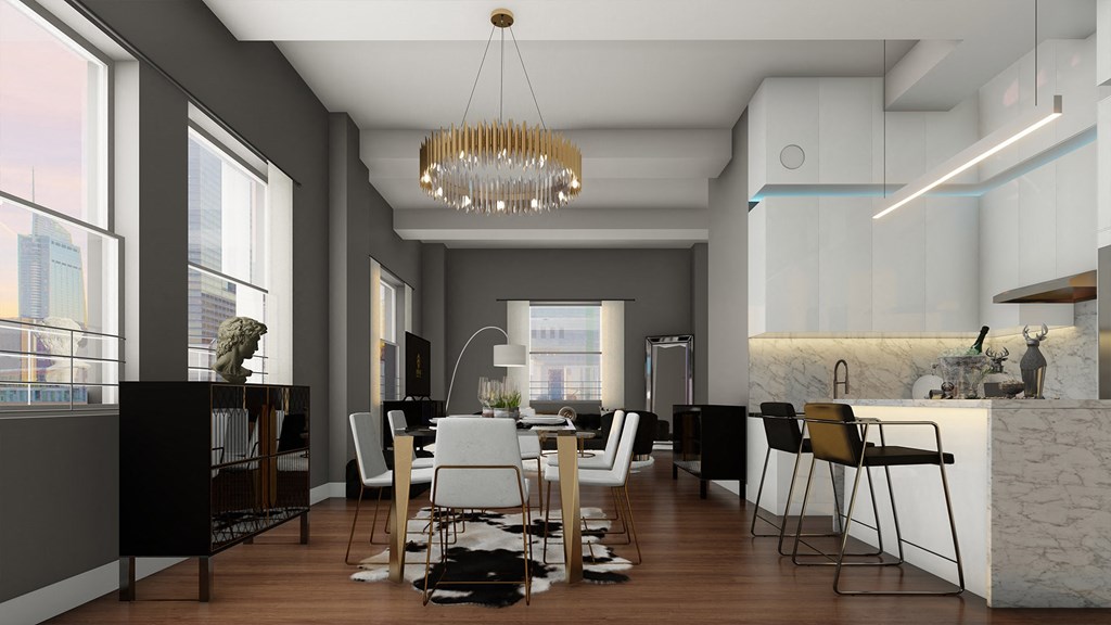 a rendering of a dining room with a table and chairs and a kitchen