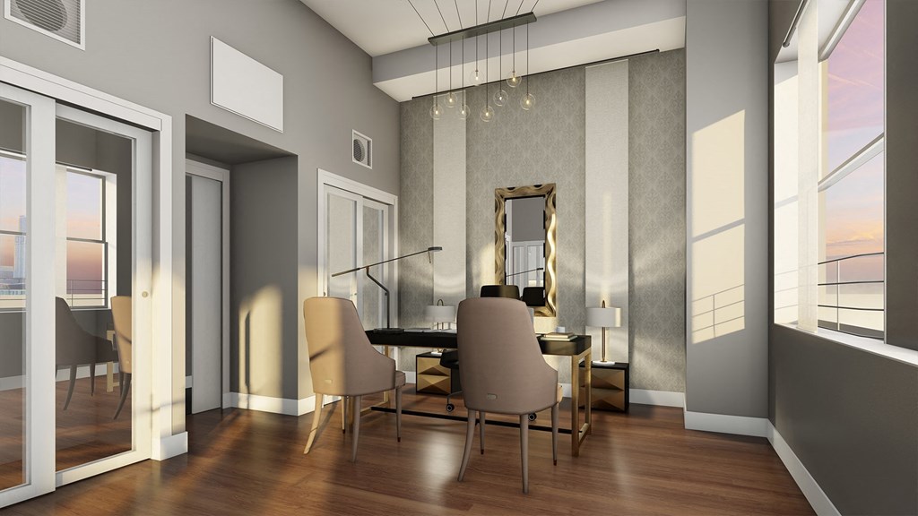 a rendering of a dining room with a table and chairs