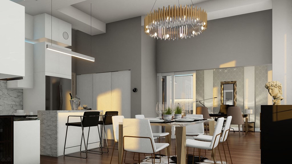 a dining room with a table and chairs